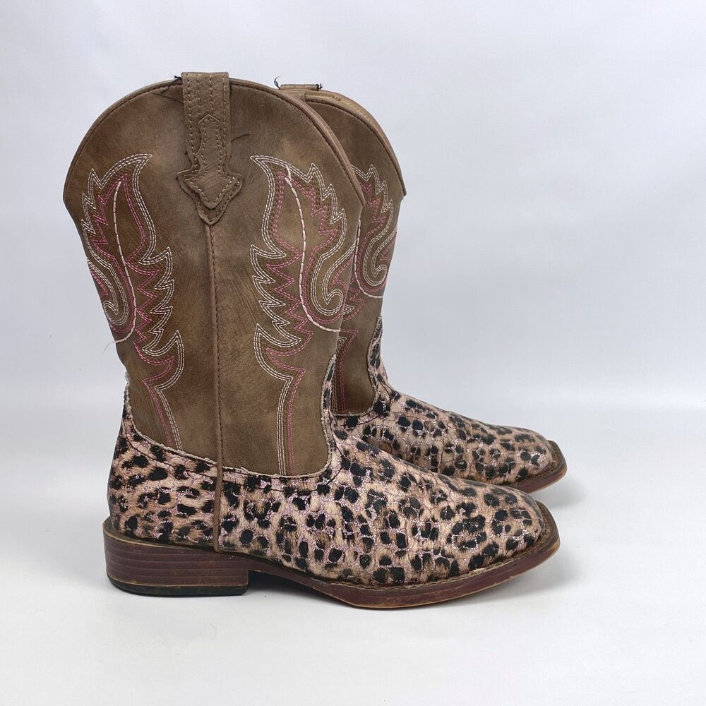 ROPER Little Kids Girls Size 3 Glitter Leopard Square Toe Western Cowboy Boots